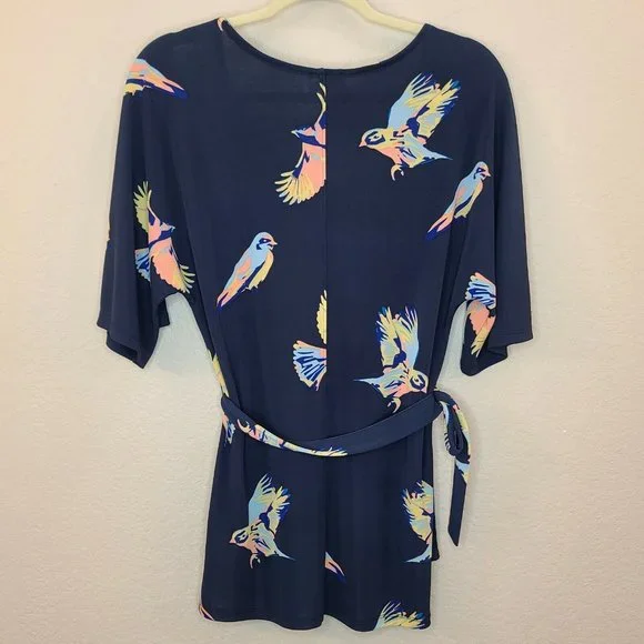 Deletta Top Women XS Petite Navy Bird Novelty Print Knit Dolman Sleeve Tie Waist - Picture 8 of 12